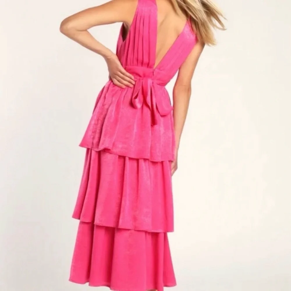 NWT Lulus Peak Party Vibe Hot Pink Satin Tiered Tie-Back Midi Dress - Picture 4 of 8